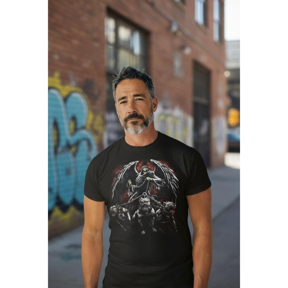 Grim Reaper Pit Bulls Graphic T-Shirt Black Gothic Biker Streetwear Tee